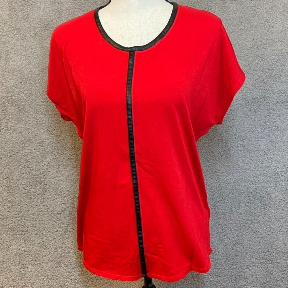Two by Vince Camuto Tunic Blouse Red with Black Faux Leather Trim